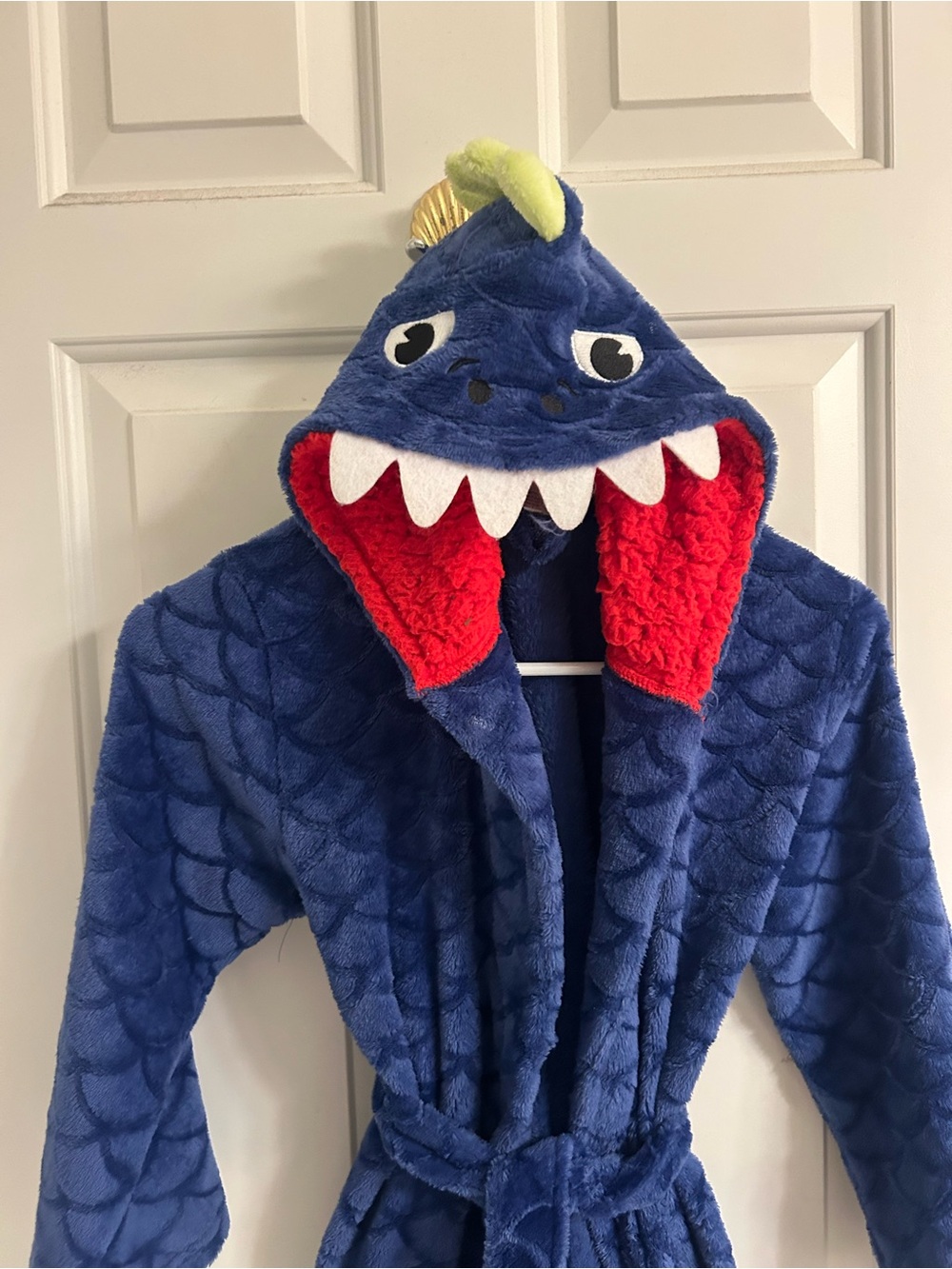 Boys Plush Blue Dinosaur Hooded Robe with Red Hood Lining